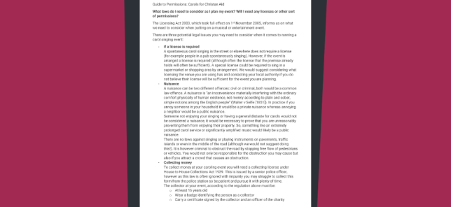 Permissions document for carol singing events